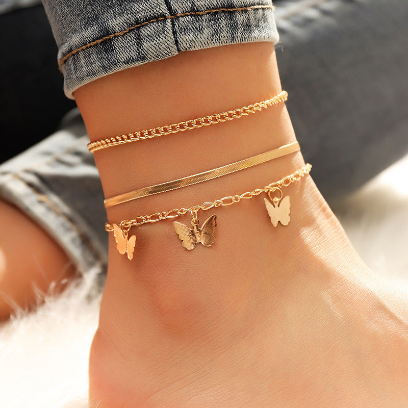 Three Layer Chain Butterfly Pendant Anklet Set