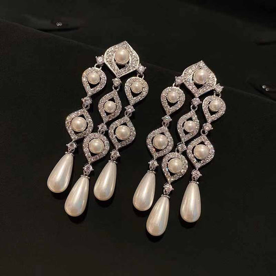 Pearl Drop Fringe Chandelier Earrings