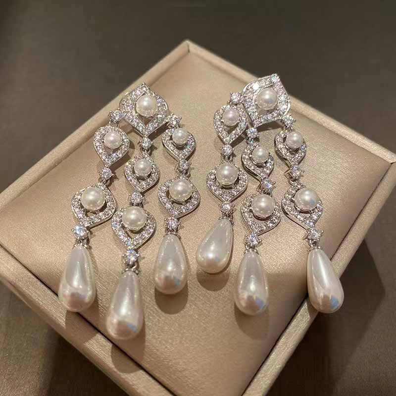 Pearl Drop Fringe Chandelier Earrings