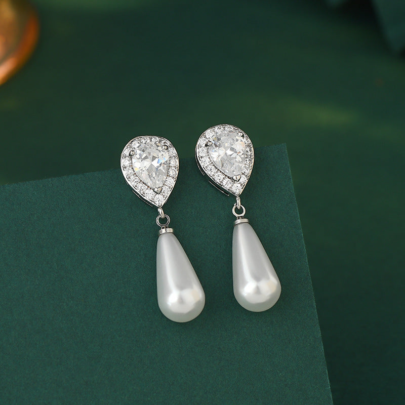 Diamond Water Drop Pearl Eardrops Stud Earrings