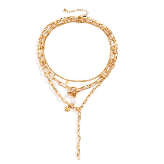 Multi-Layer Pearl OT Buckle Sequin Necklace Gold