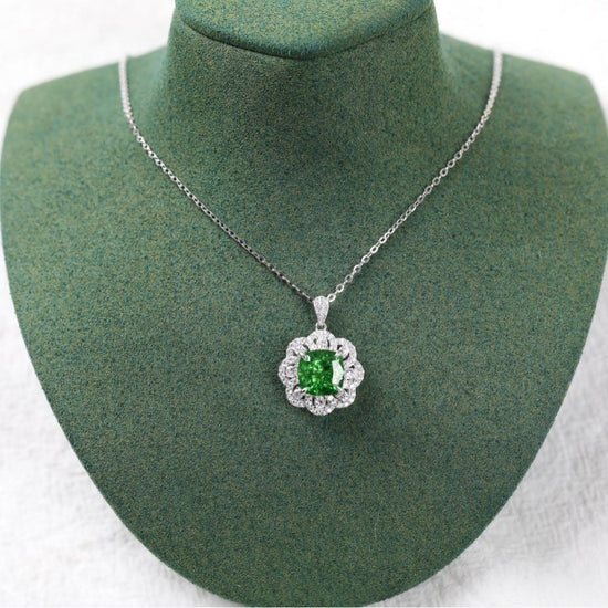 Sterling Silver Emerald Flower Cut Pendant Necklace