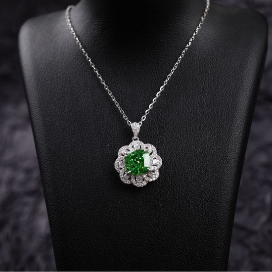 Sterling Silver Emerald Flower Cut Pendant Necklace