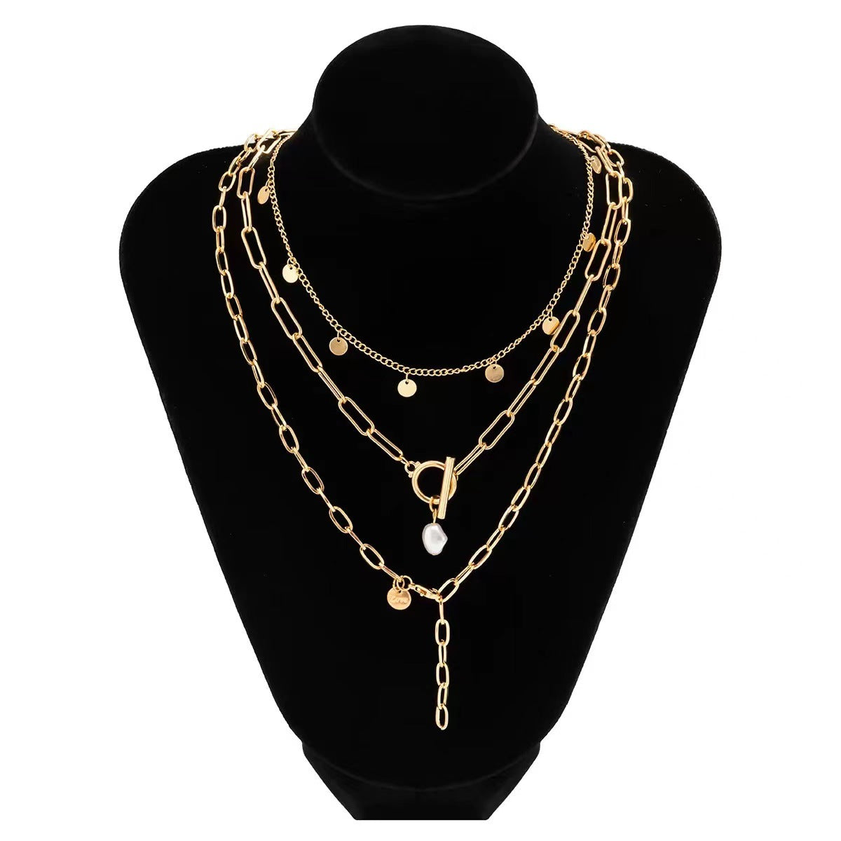 Multi-Layer Pearl OT Buckle Sequin Necklace Gold