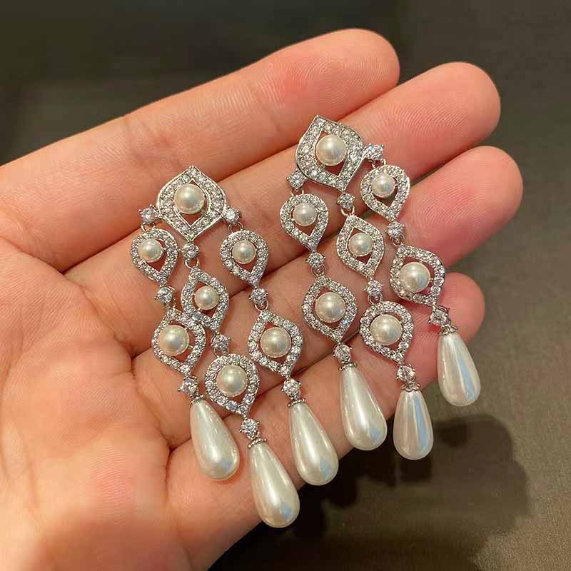 Pearl Drop Fringe Chandelier Earrings
