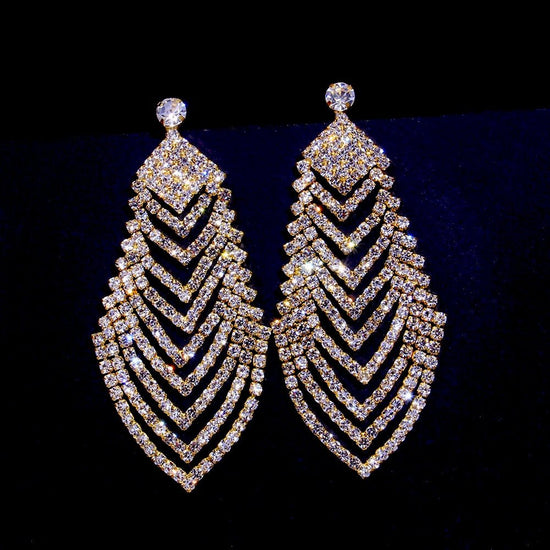 Crystal Long Diamond Leaf Earrings - Amyris London