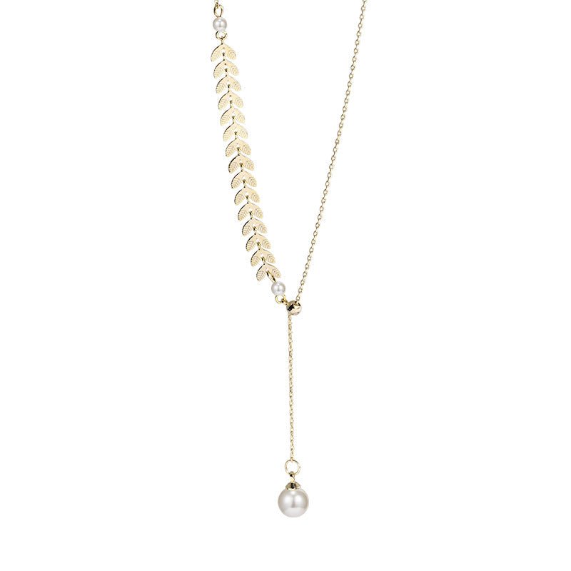 Leaf Pearl Drop Lariat Necklace - Amyris London