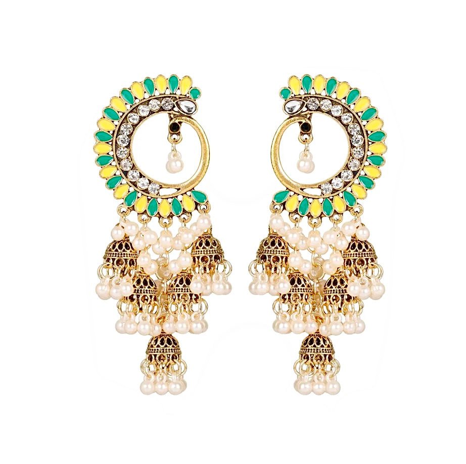 Green and Yellow Peacock Jhumka Earrings - Amyris London