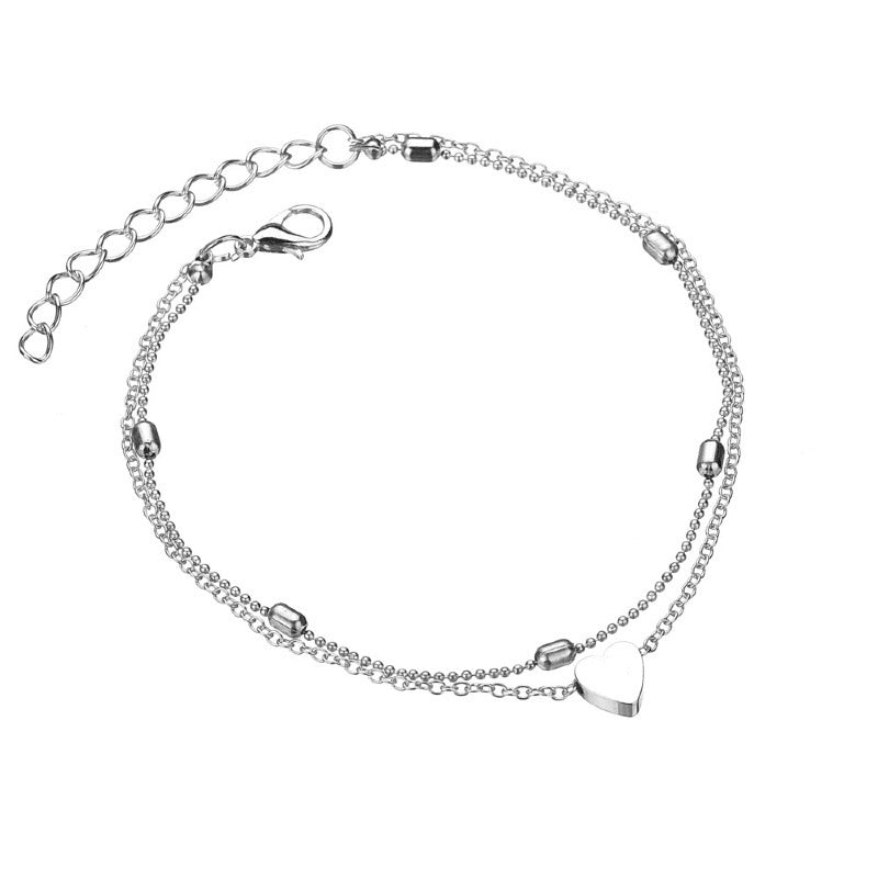  Double Layer Heart Anklet Bracelet Silver- Amyris London