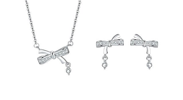 Sterling Silver Bow Necklace And Earrings Set - Amyris London